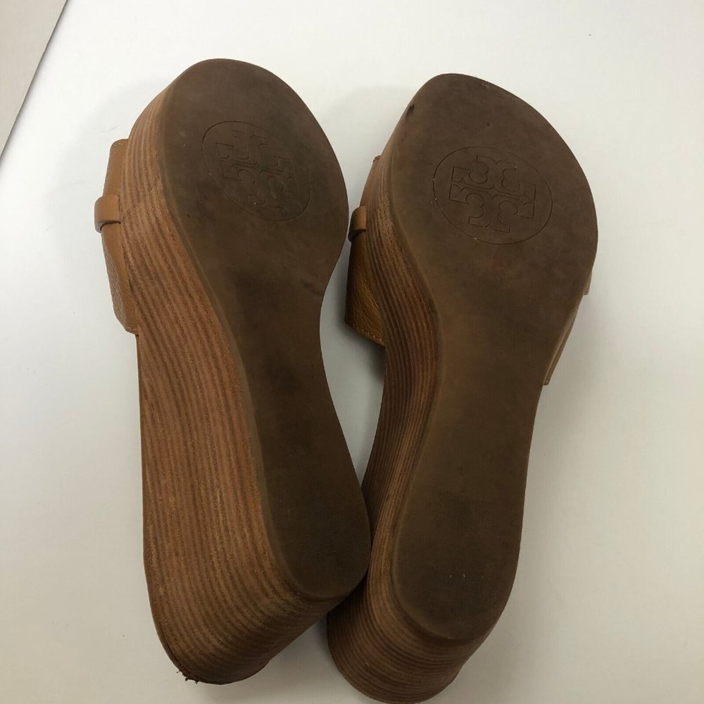 Tory Burch Patti Wedge Sandals Slides Platform Camel Brown Leather Womens 9M 9 - Picture 10 of 12